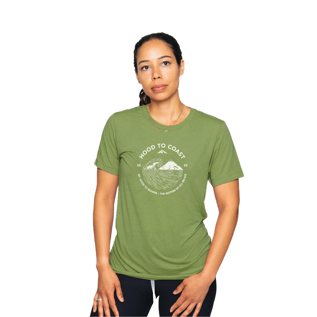 Skyline Short Sleeve Soft Blend Tee- Heather Green- Waves Logo